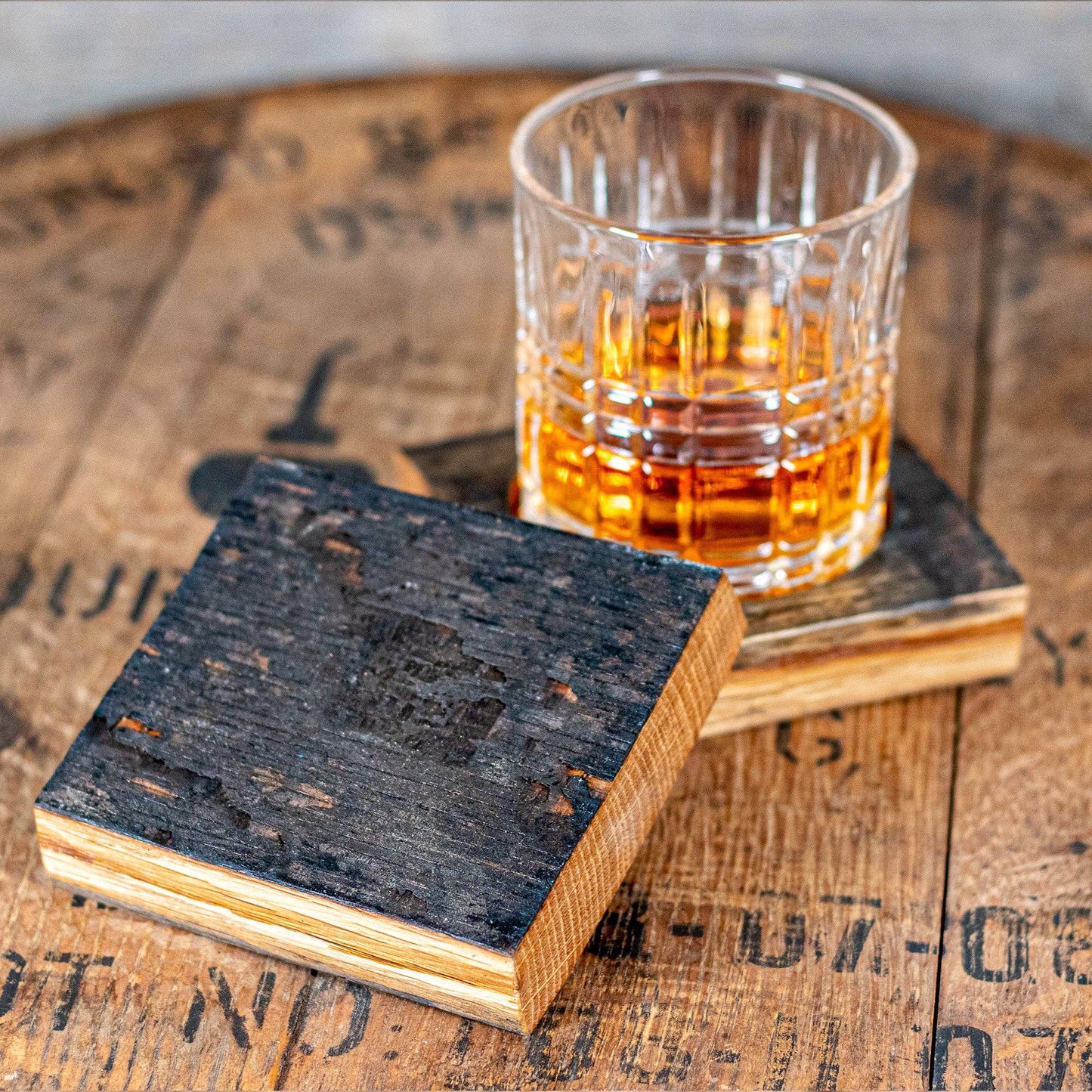 Whiskey Glass and Barrel Coaster Set