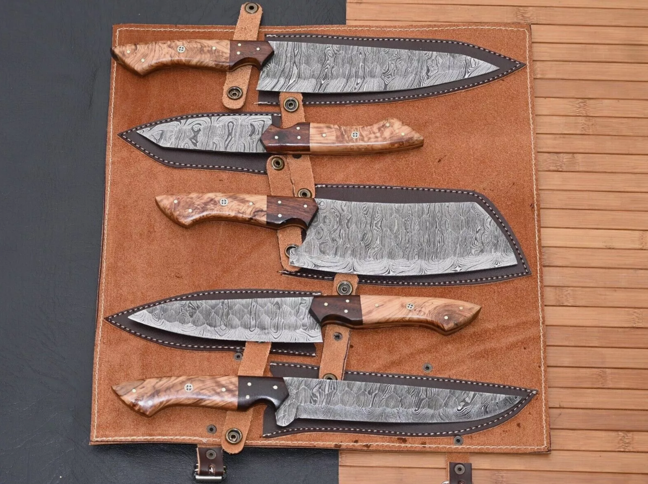 Damascus Steel Chef Set Hand Forged 5 Pcs BBQ Kitchen Knives