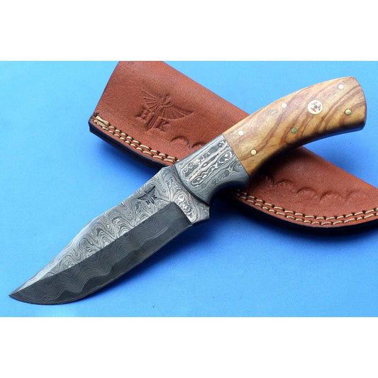HTK  Damascus Knife Custom Handmade Skinner  Olive Wood