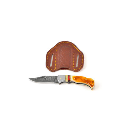 Burnt Bone folding knife with Leather Sheath