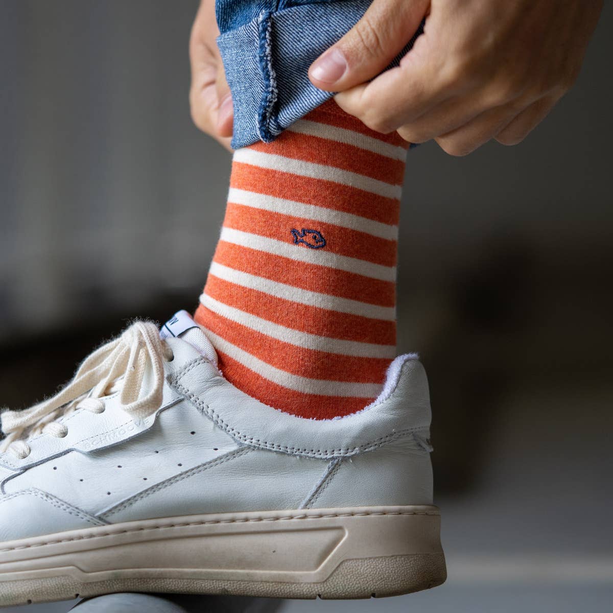 Wide orange striped combed cotton socks