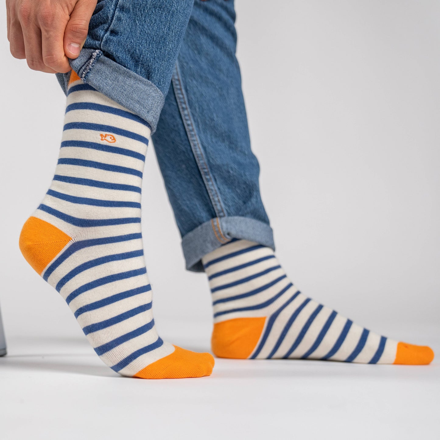 Wide ecru striped combed cotton socks