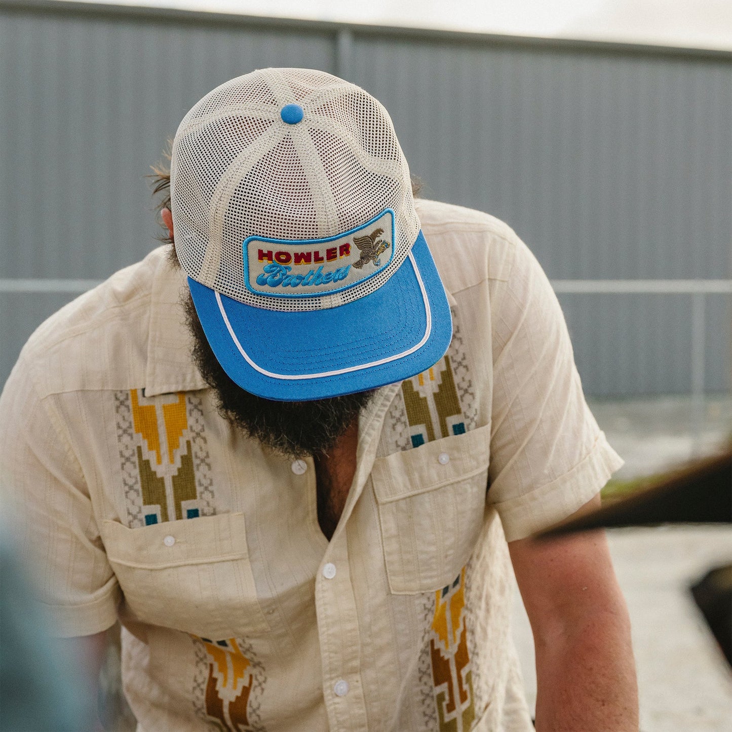 Unstructured Snapback Hats: Osprey Prey Feedstore Snapback: Stone/Blue