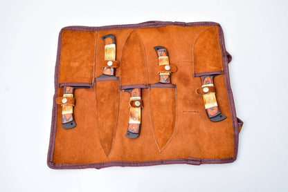 5-Piece  Knife Set / With Leather carry Bag Burnt Bone
