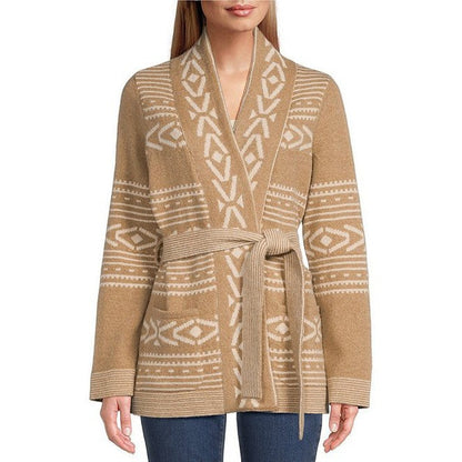 Discovery Alpaca Wool Geometric Shawl Collar Long Sleeve Belted Cardigan